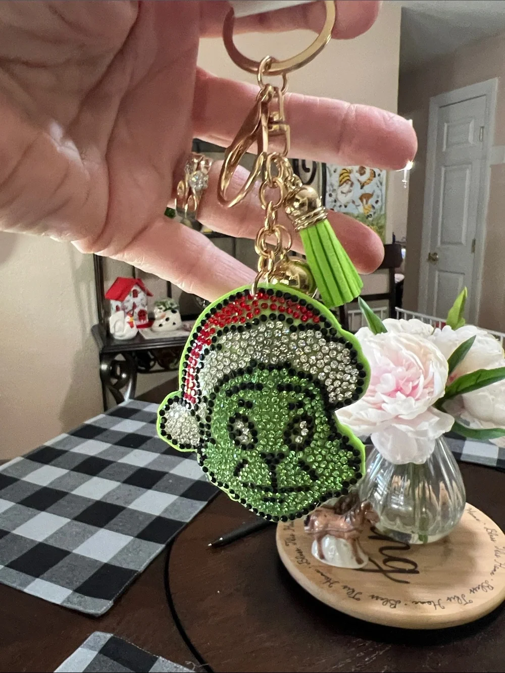 New Green Rhinestone Grinch Keychain Bag Charm - Festive Accessory